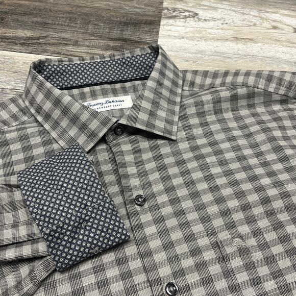 Tommy Bahama Gray‎ Check Mens M Flip Cuffs Newport Coast Button Down Shirt EUC - Picture 1 of 9